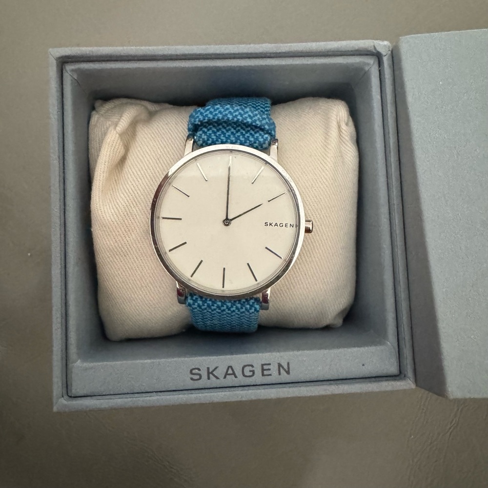 Skagen White Dial Watch with Blue Fabric Strap